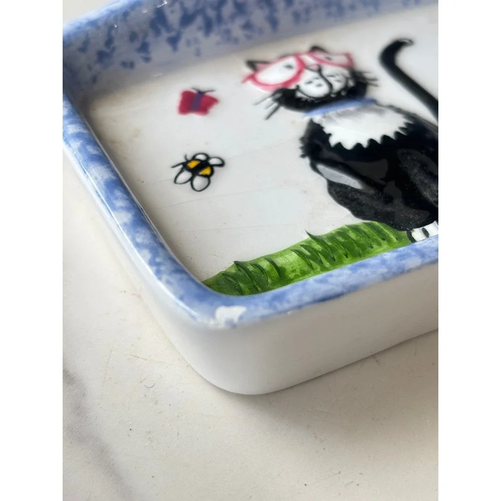 Whimsical Hand Painted Ceramic Cat Trinket Dish Eye Glass Tray Holder